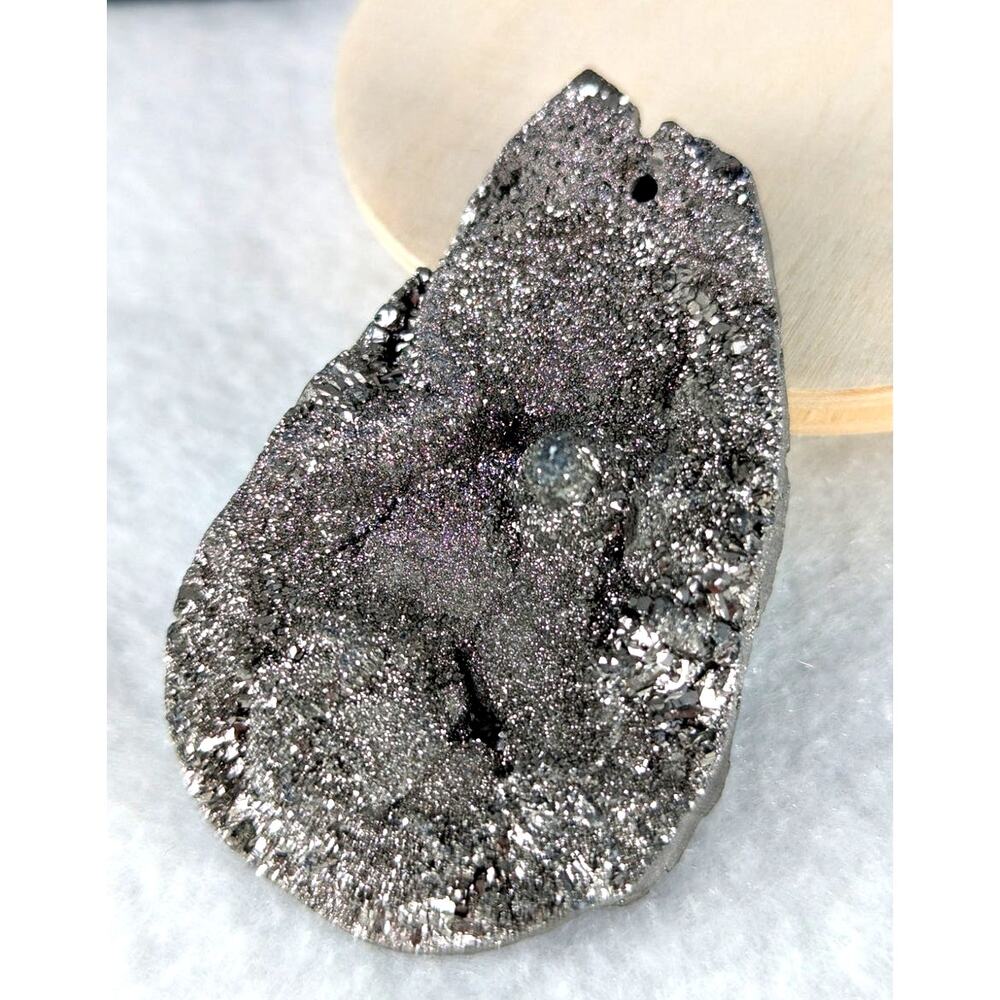 Silver color pyrite titanium crystal druzy cabochon freeform hole 222 grams new